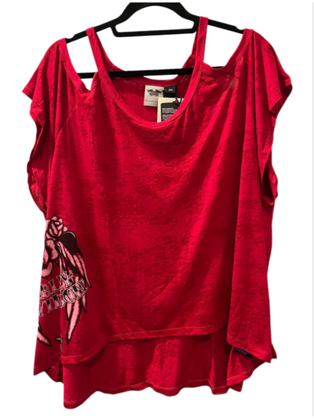 Harley Davidson NWT 2016 Cold Shoulder Red Rose Wing Oversized T-Shirt Size 2XL